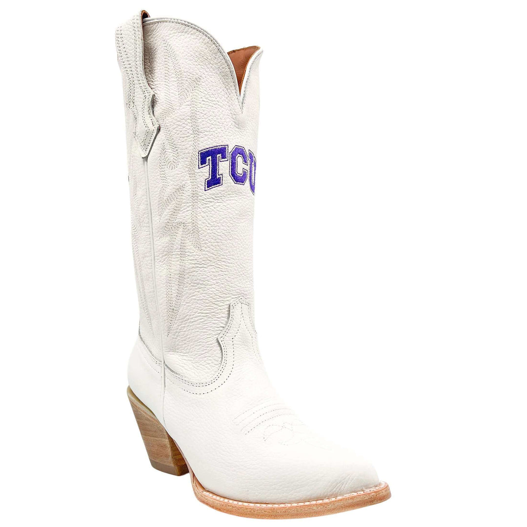 Women's Texas Christian University Horned Frogs All White Pointed Toe Cowgirl Boots Leighton by Vaccari