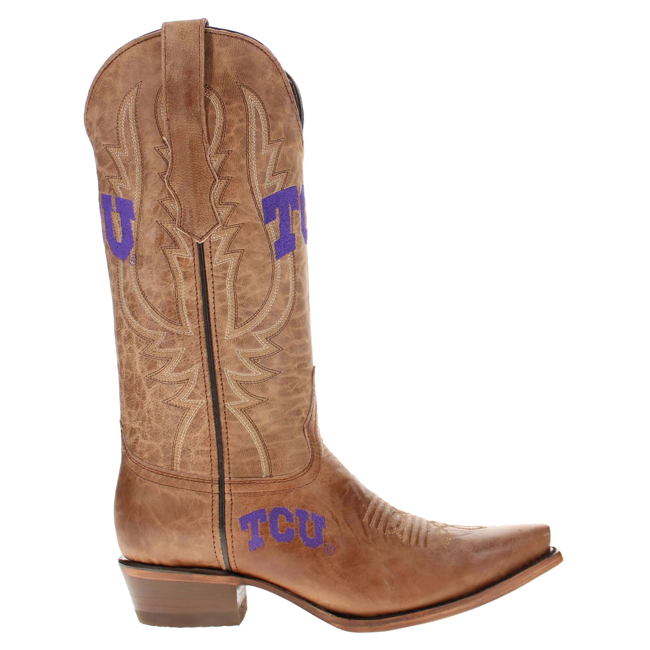 Women's TCU Horned Frogs Tan Leather Snip Toe Cowgirl Boots by Vaccari