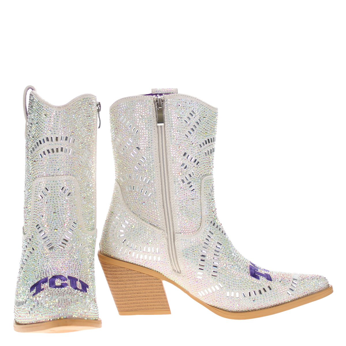 Pair of silver rhinestone cowboy boots with pointed toes, stacked heels, purple TCU logo