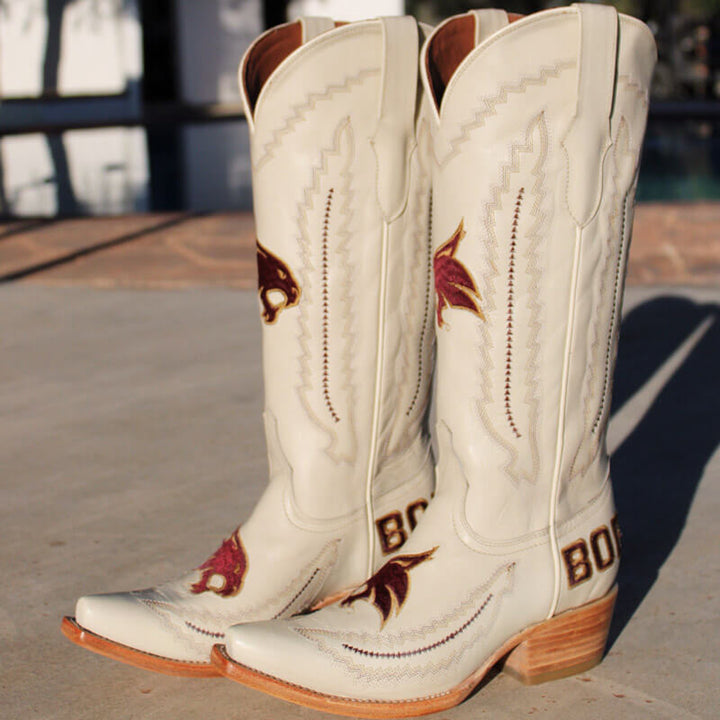 Women's Texas State University Bobcats Bone Leather Snip Toe Cowgirl Boots by Vaccari