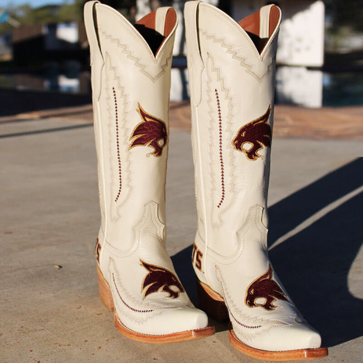 Women's Texas State University Bobcats Bone Leather Snip Toe Cowgirl Boots by Vaccari