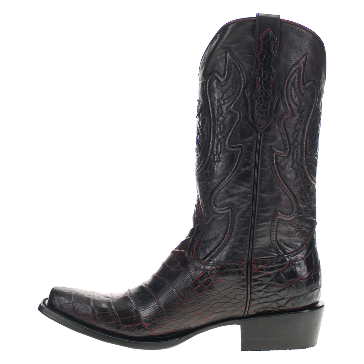 Black cowboy boot with pointed toe, stacked heel, and embroidered side panels