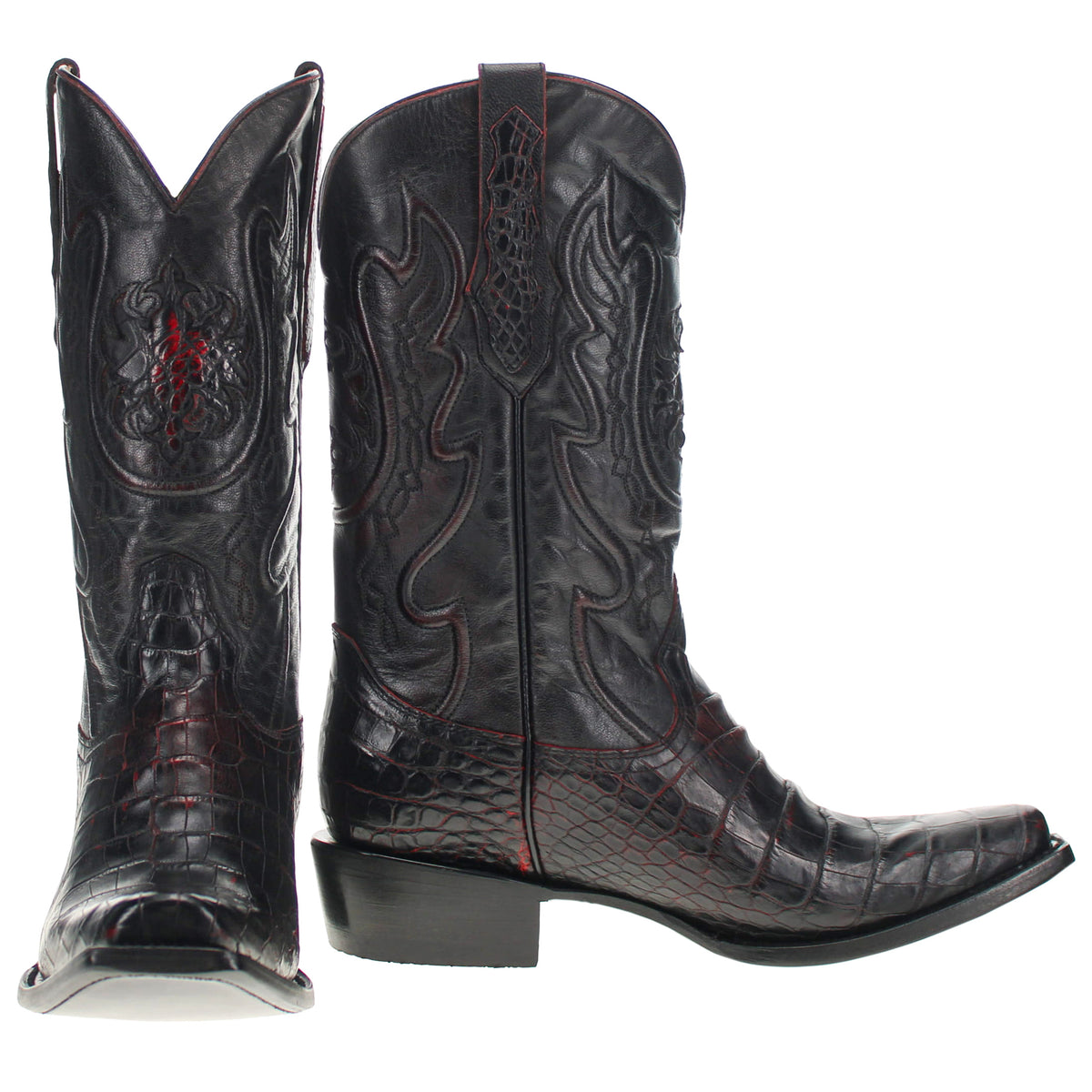 Black Cherry American alligator belly cowboy boots with a caiman texture