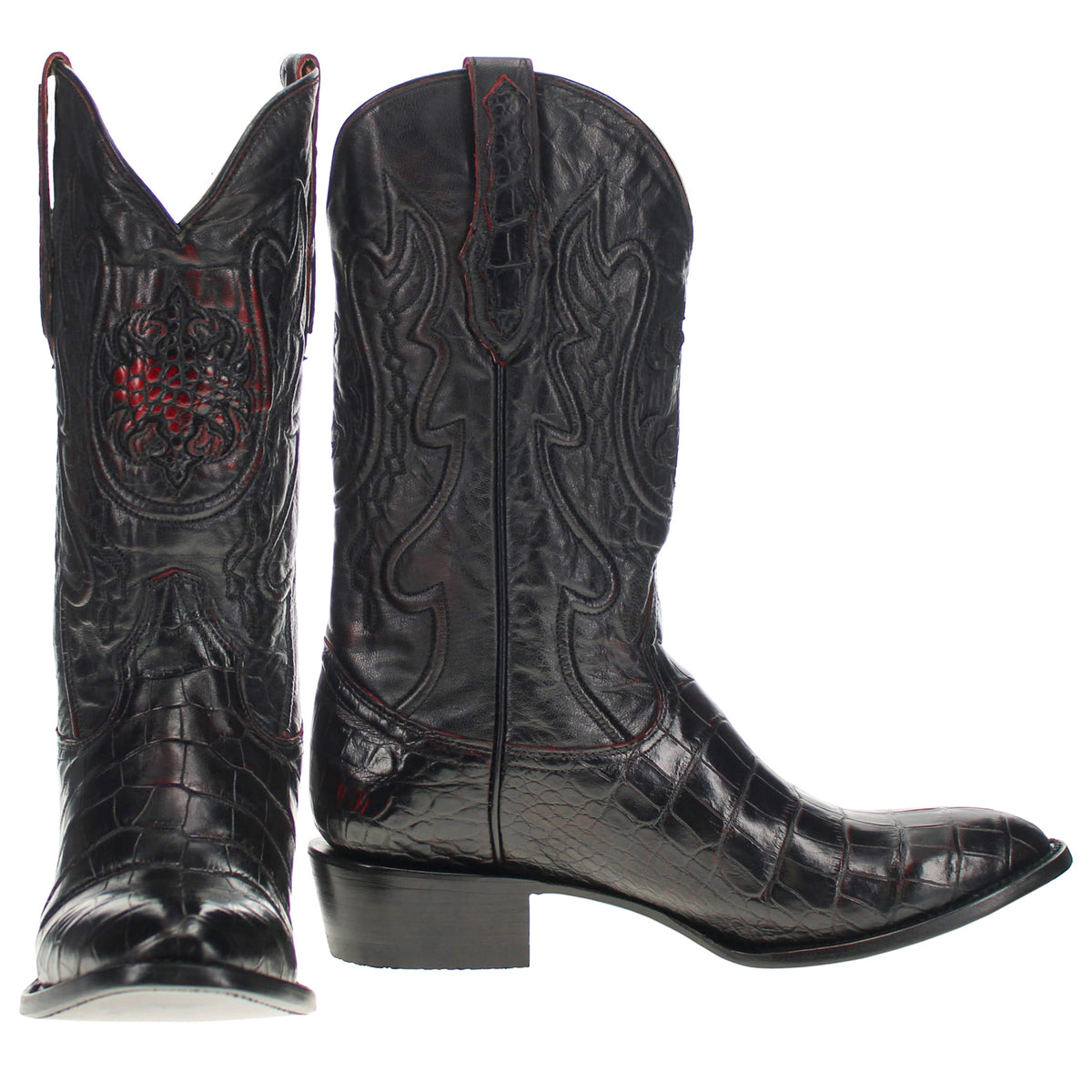 Mens Black Cherry American Alligator Belly Round Toe Western Boot That Looks Similar to Caiman Crocodile