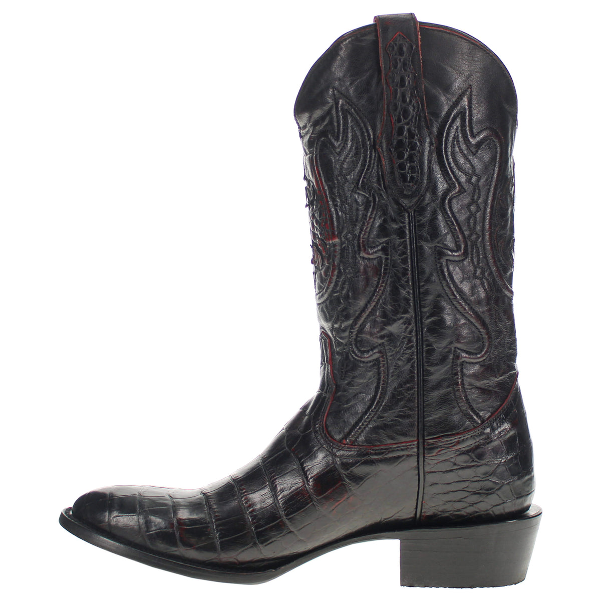 Black cowboy boot with stacked heel and crocodile-embossed leather, side profile