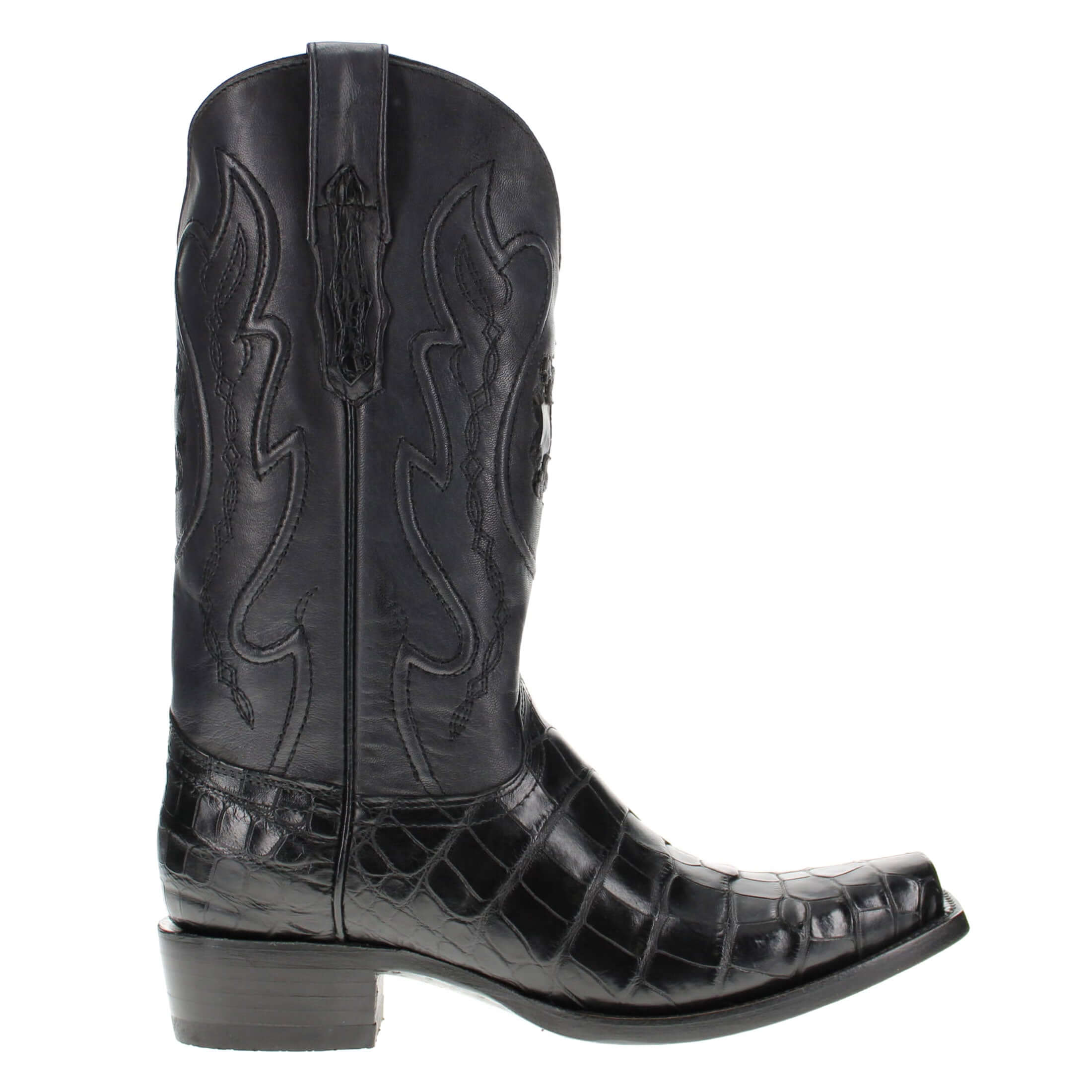 Pair of black alligator cowboy boots with caiman crocodile texture