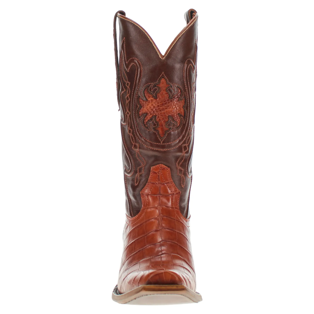 Brown leather cowboy boot with ornate western embroidery, pointed toe, stacked heel.