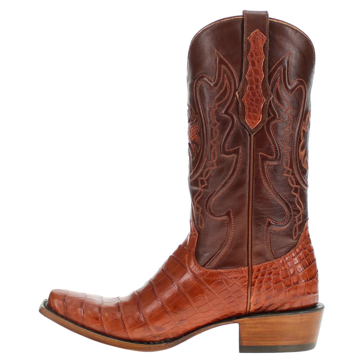 Two-tone brown leather cowboy boot with ornate shaft stitching and textured foot panel.