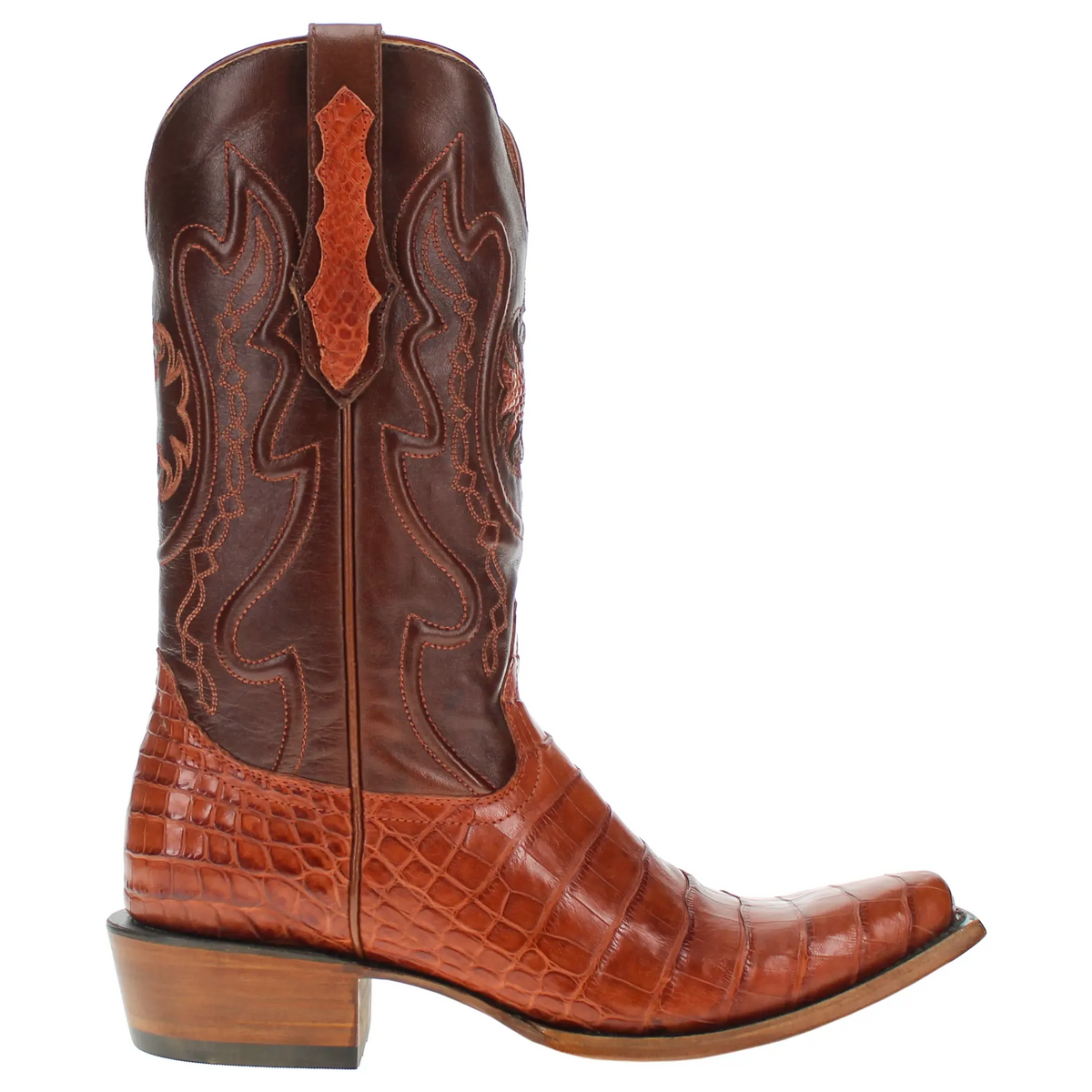 Two-tone brown leather cowboy boot with decorative yoke stitching and block heel.