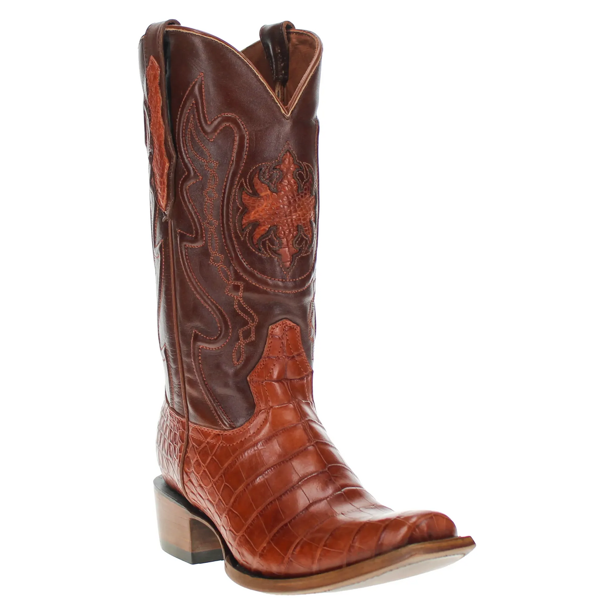 Brown leather cowboy boot with detailed western embroidery and textured leather shaft.