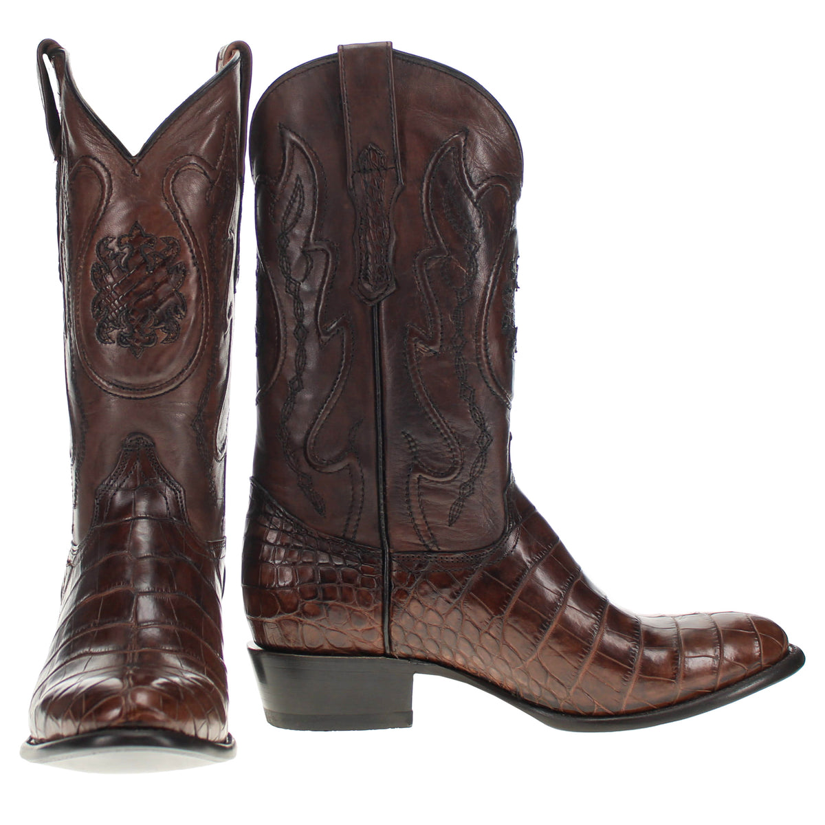 Mens Brown American Alligator Belly Round Toe Cowboy Boots That Look Similar to Caiman Crocodile Leather