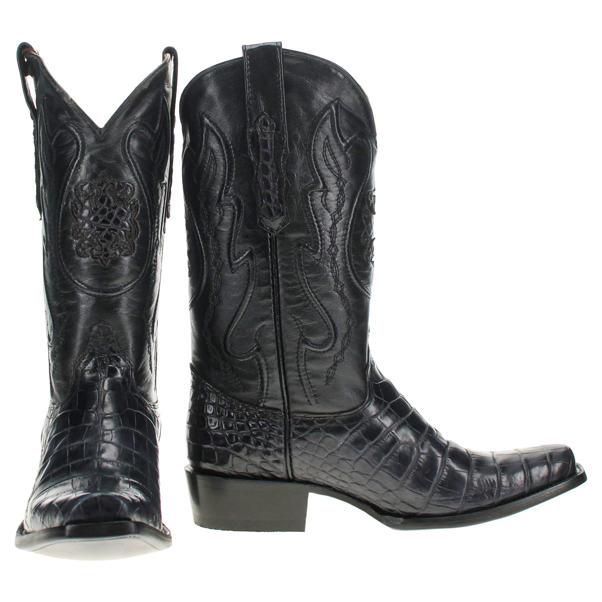 Pair of black western cowboy boots with pointed toes, embossed shaft, block heels
