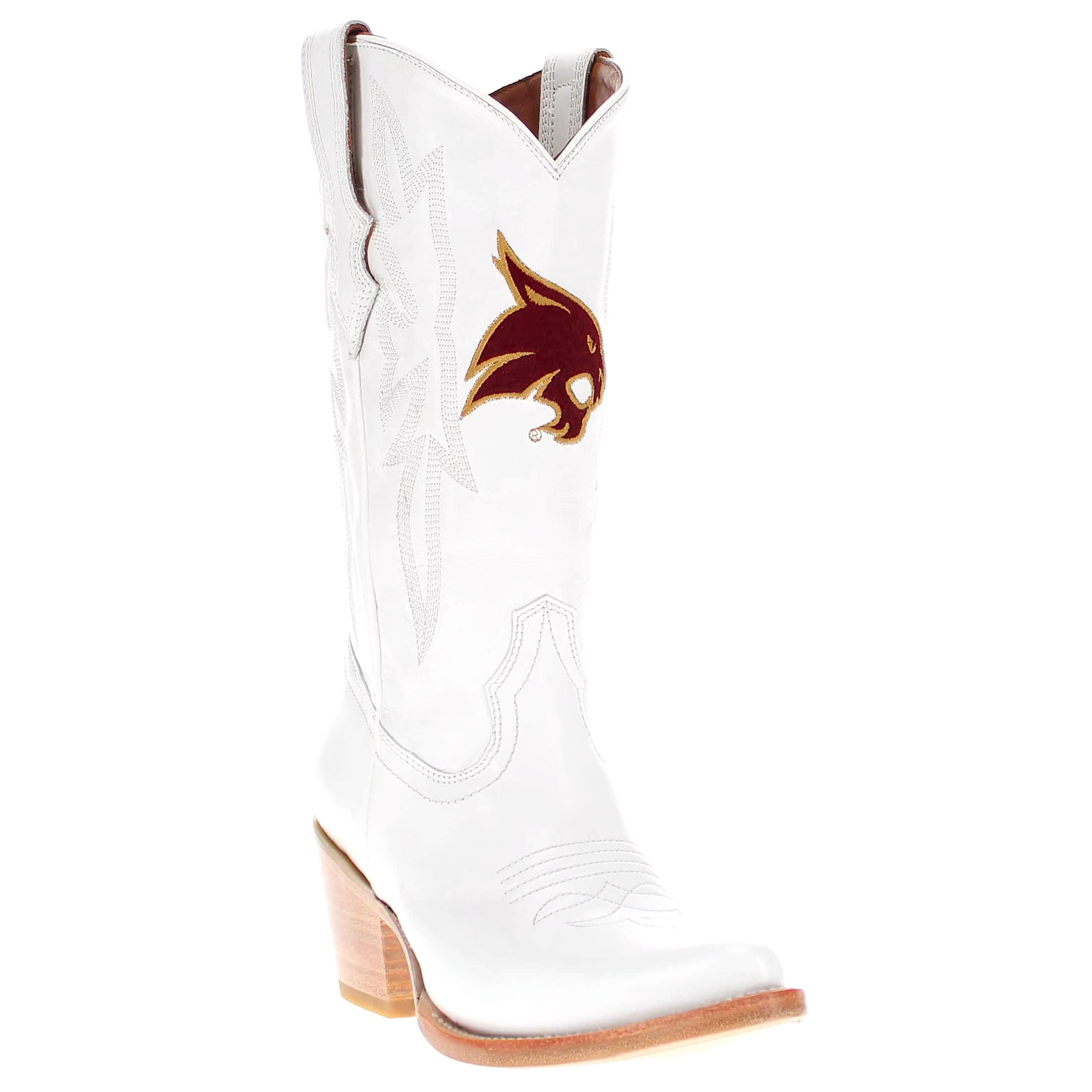 Women's Texas State Bobcats All White Leather Pointed Toe Cowgirl Boots Vaccari