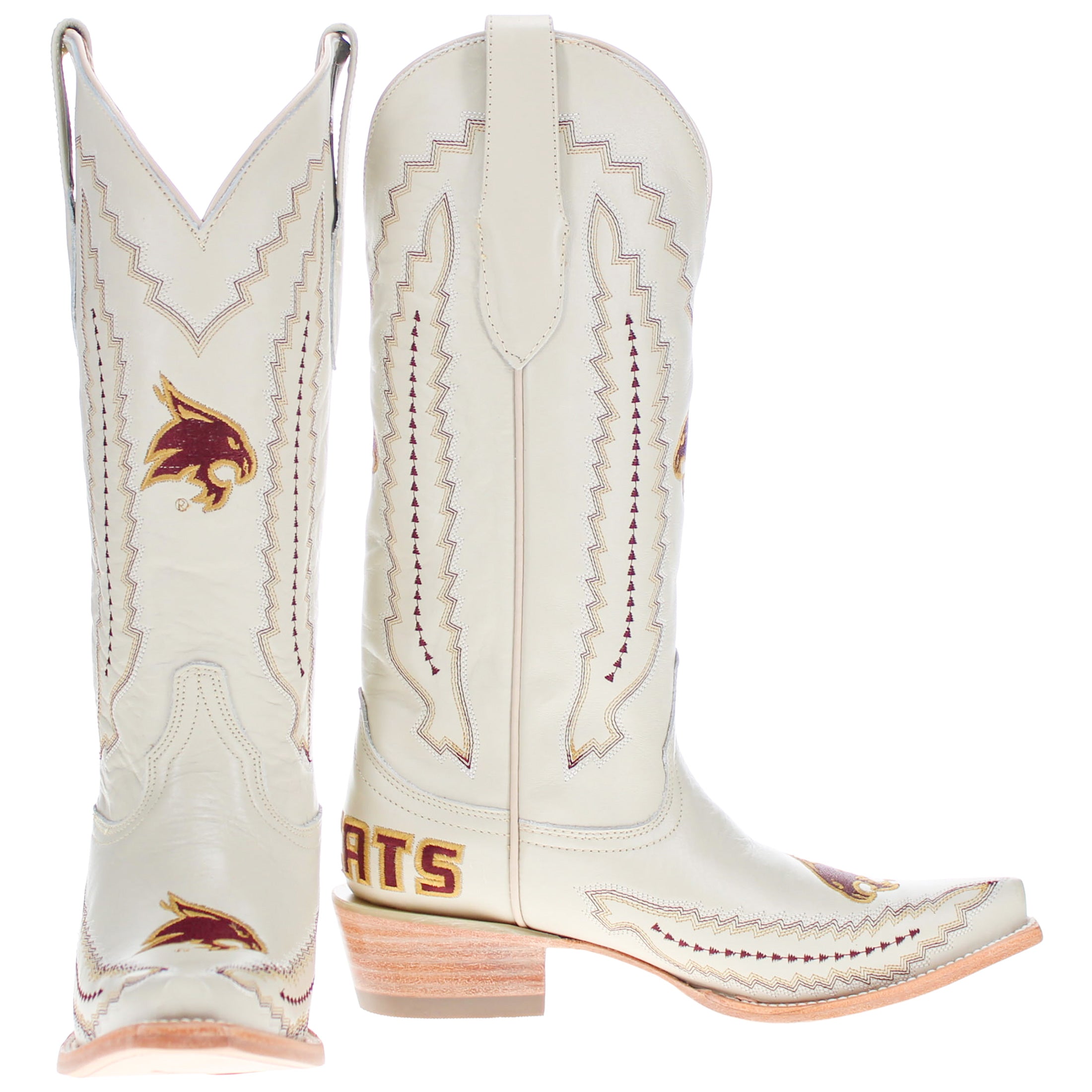 Women's Texas State University Bobcats Bone Leather Snip Toe Cowgirl Boots by Vaccari