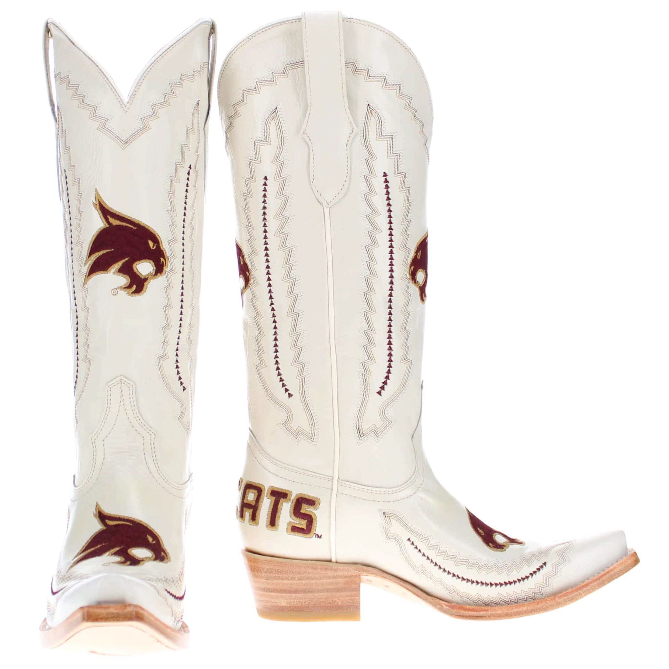 Women's Texas State University Bobcats Bone Leather Snip Toe Cowgirl Boots by Vaccari