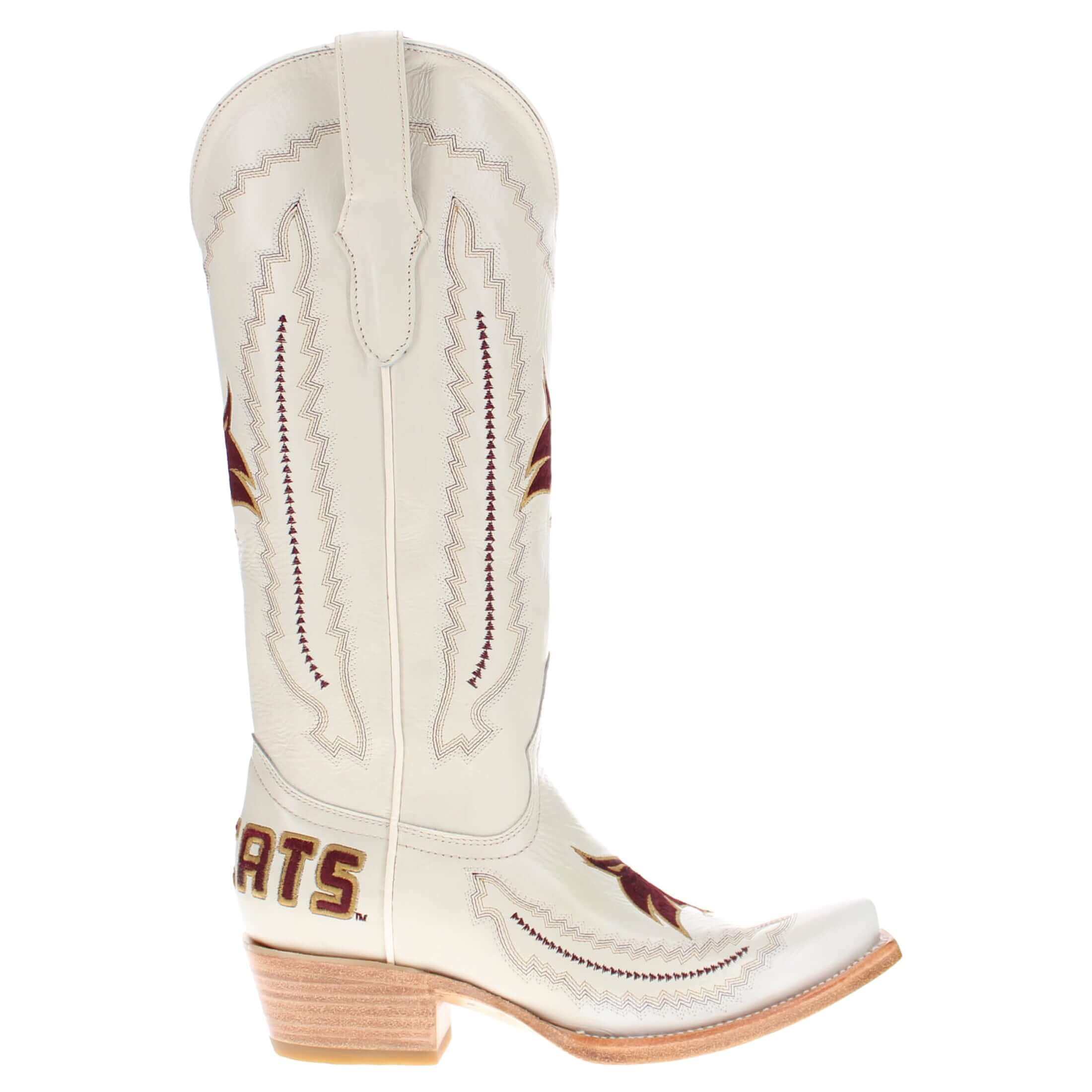 Women's Texas State University Bobcats Bone Leather Snip Toe Cowgirl Boots by Vaccari