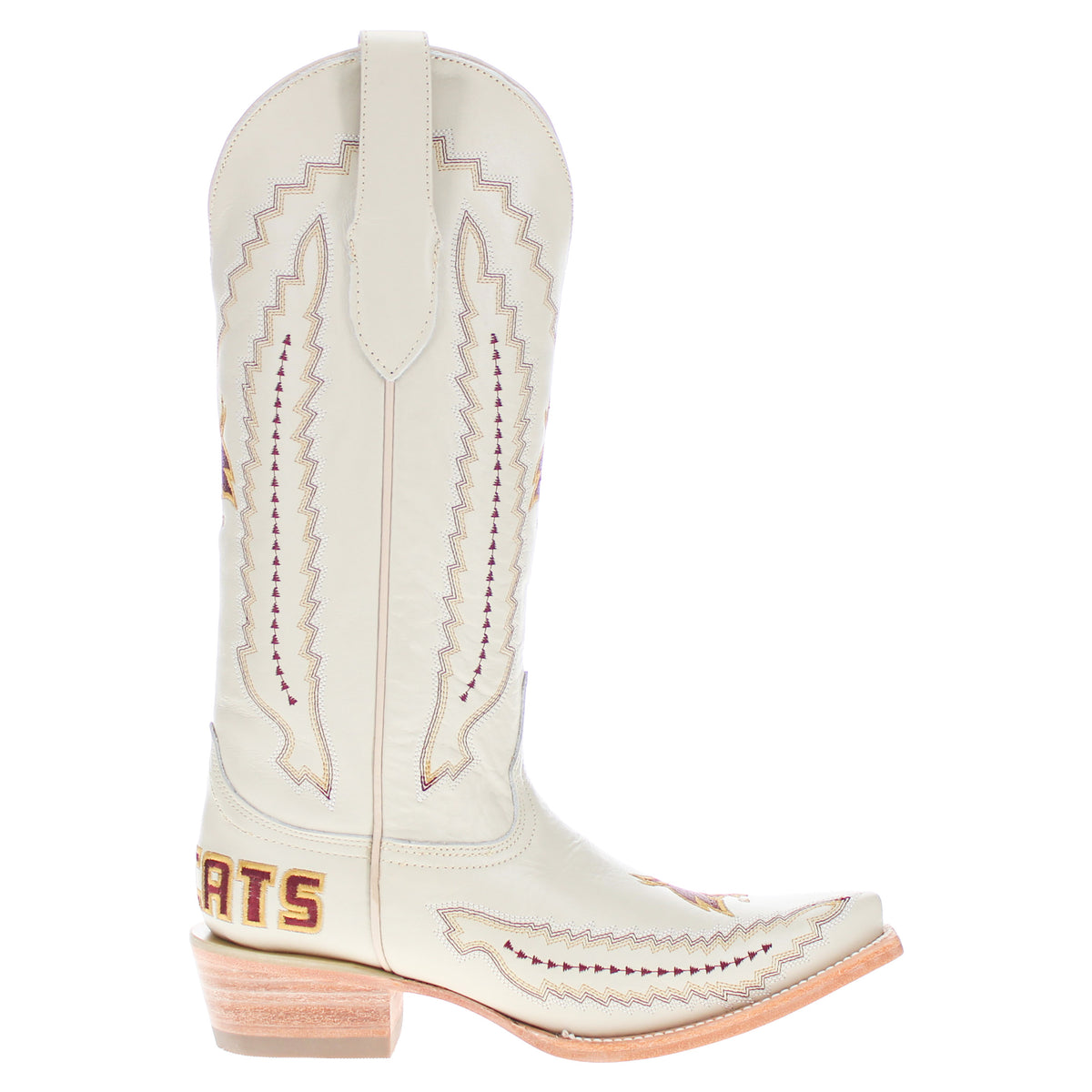 Women's Texas State University Bobcats Bone Leather Snip Toe Cowgirl Boots by Vaccari