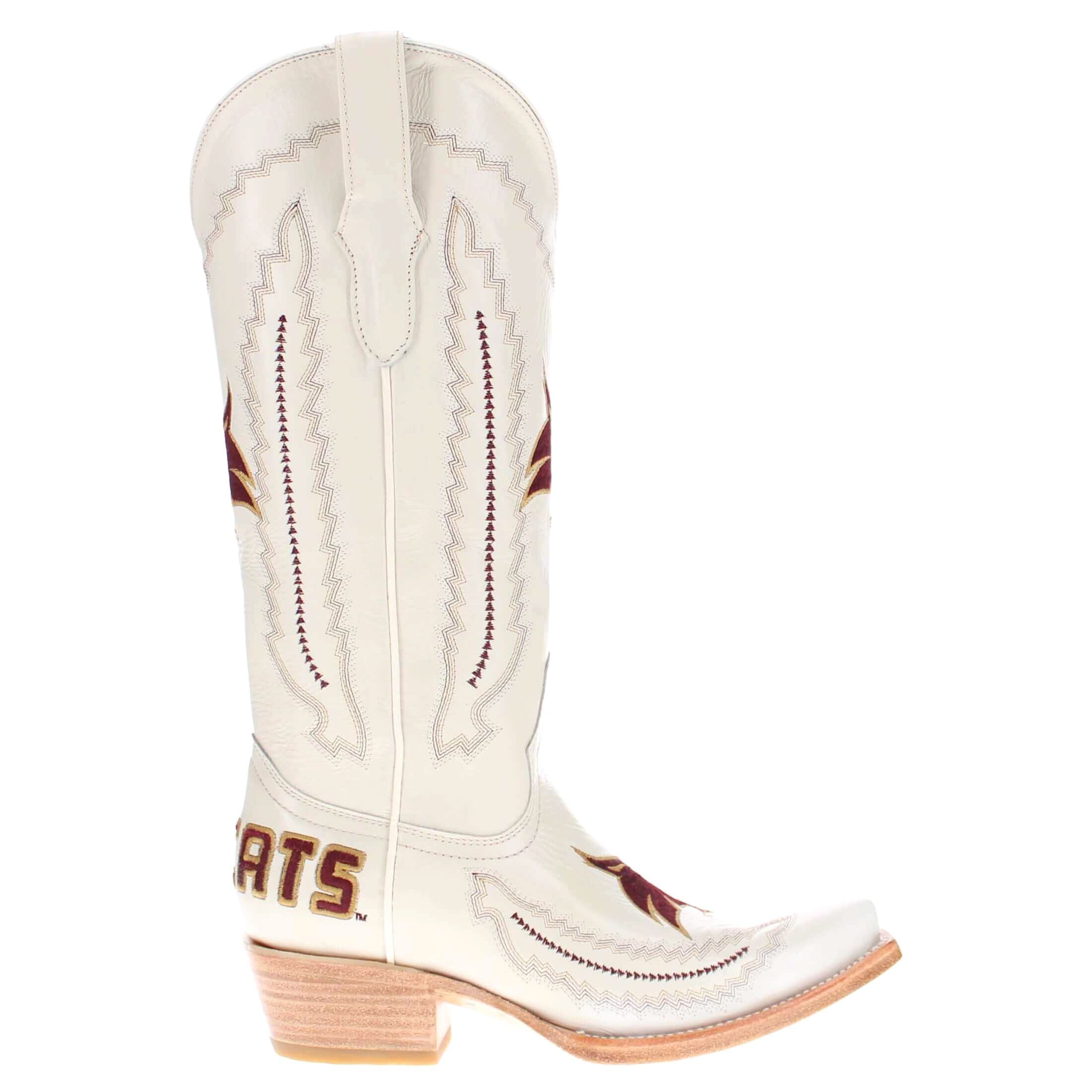 Women's Texas State University Bobcats Bone Leather Snip Toe Cowgirl Boots by Vaccari