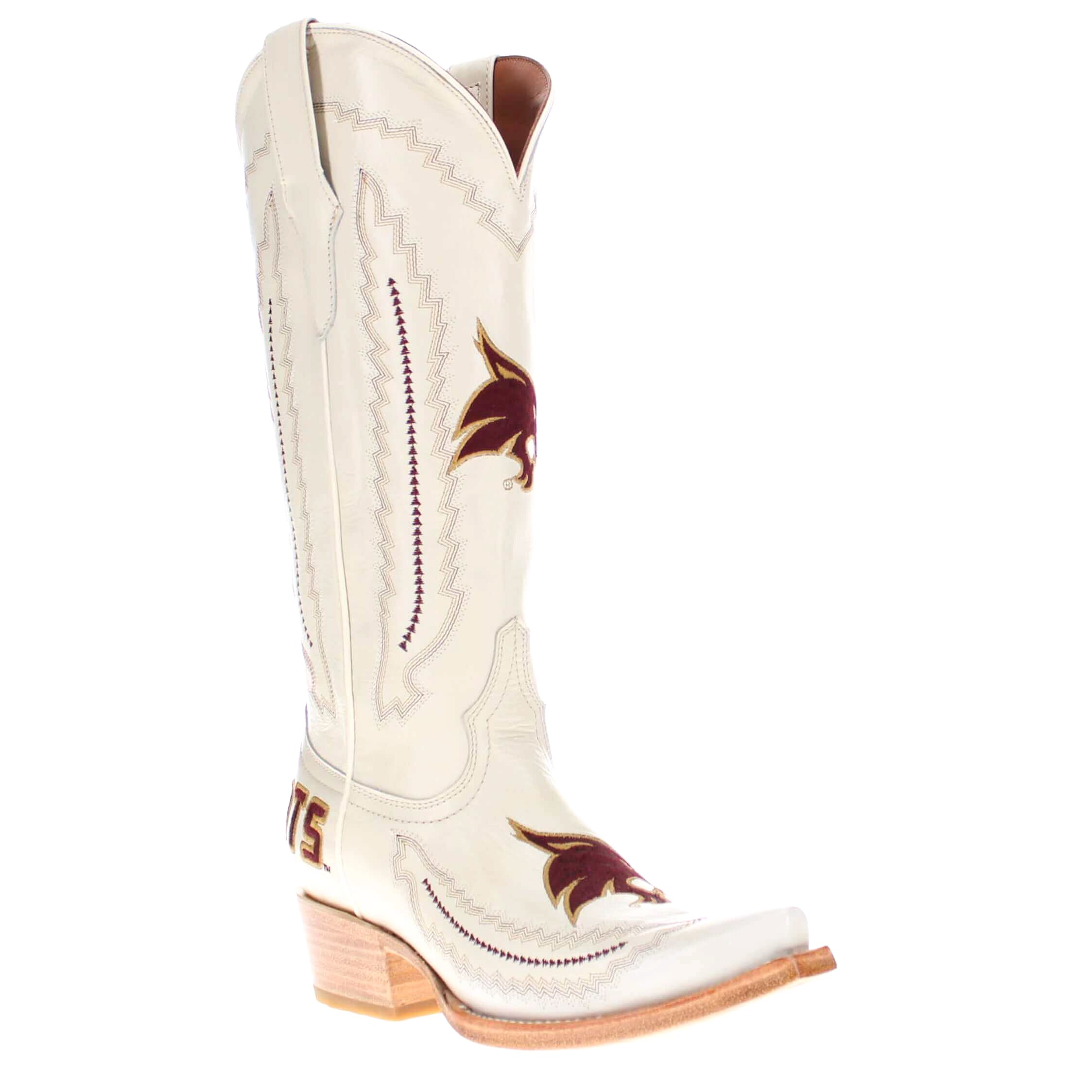 Women's Texas State University Bobcats Bone Leather Snip Toe Cowgirl Boots by Vaccari