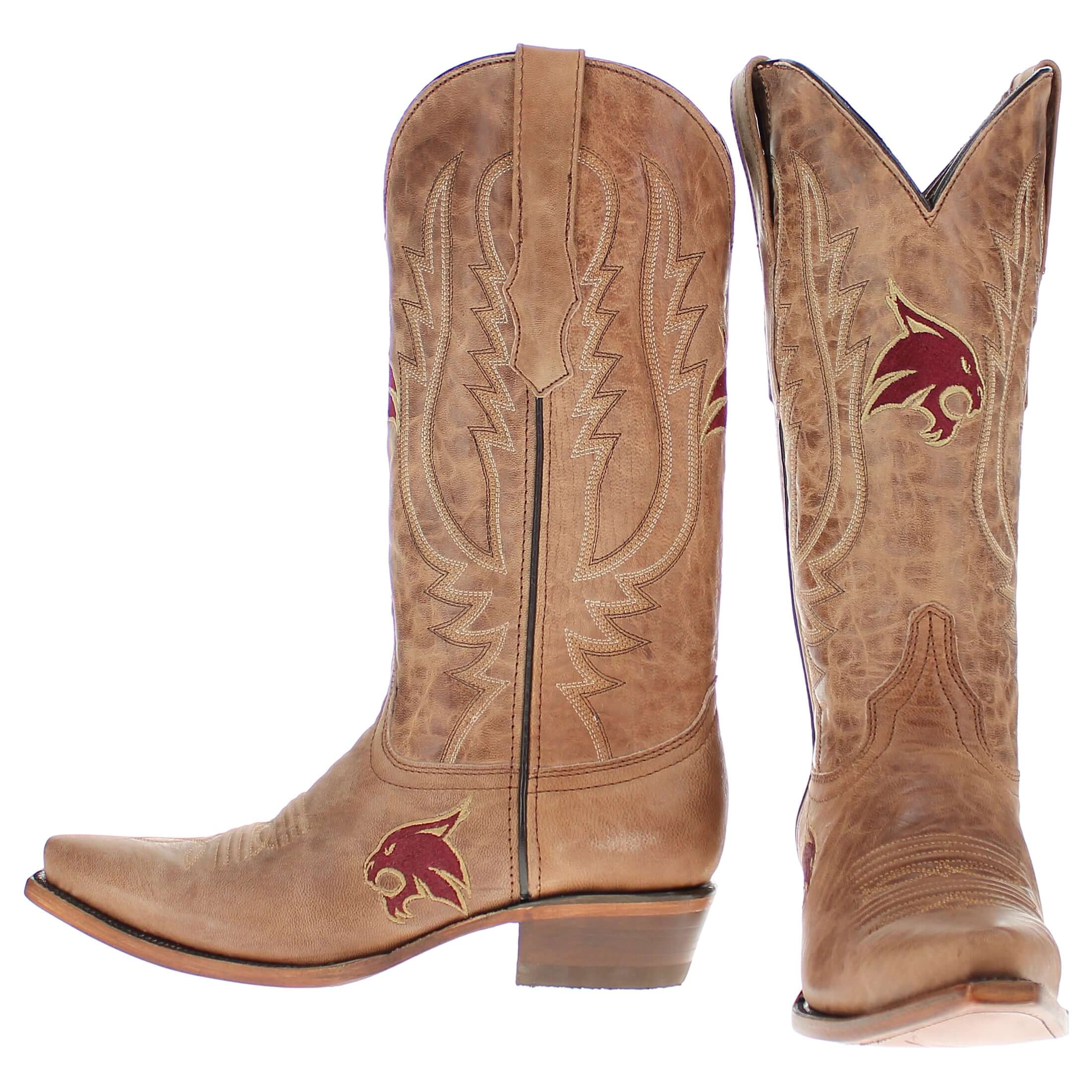 Women's Texas State Bobcats Tan Leather Snip Toe Cowgirl Boots by Vaccari