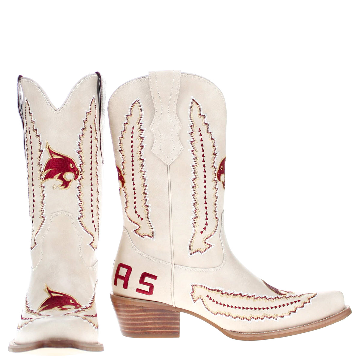 Pair of tan cowboy boots with red fox embroidery, stitched panels, and stacked heels.