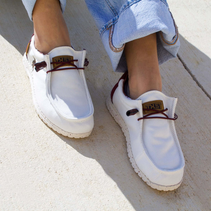 Women's Texas State University Off White and Maroon Canvas Casual Shoe by Vaccari