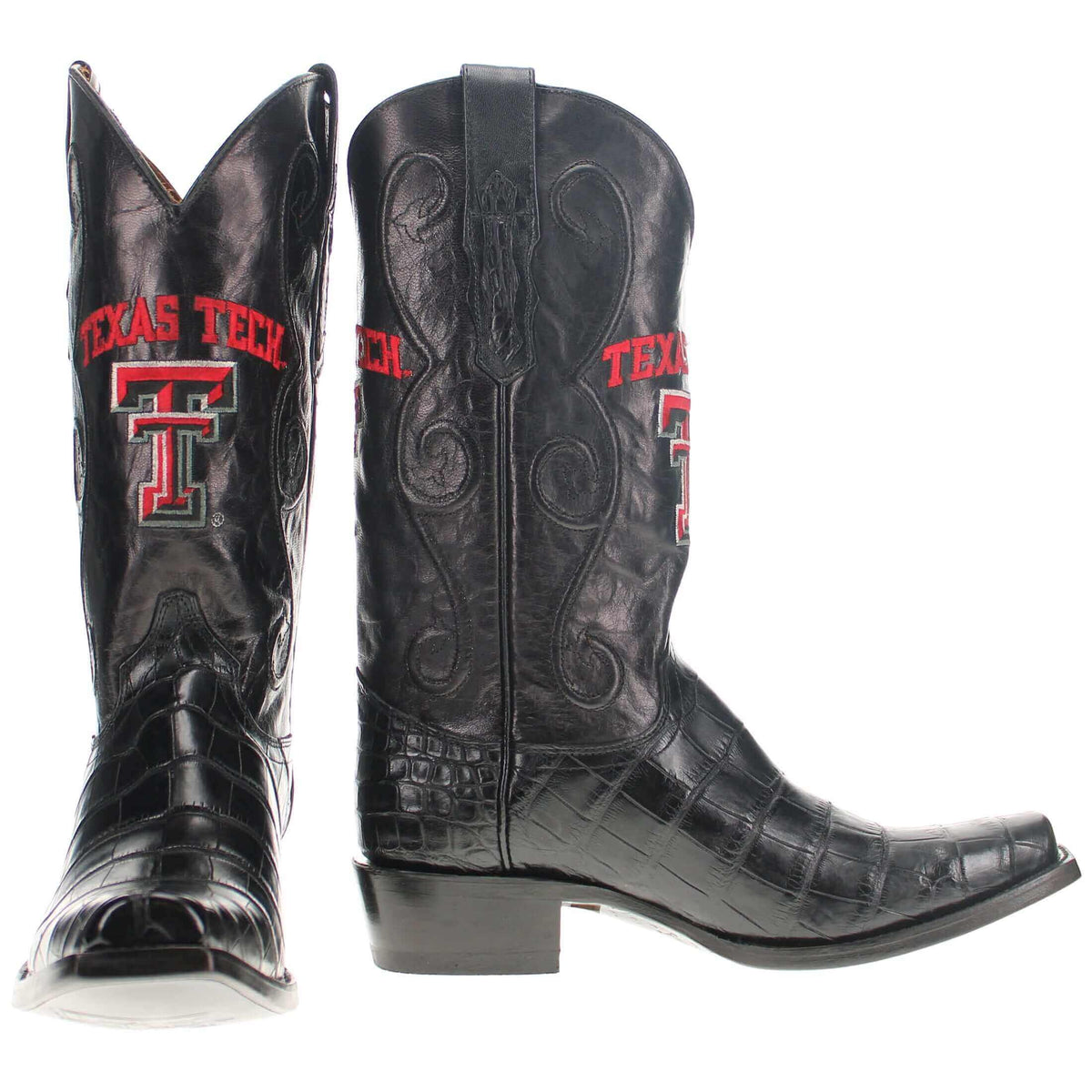 Pair of black cowboy boots showing front and back, Texas Tech logo on each shaft