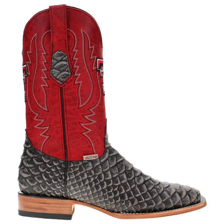 Men's Texas Tech Red Raiders Red and Black Python Print Square Toe Cowboy Boots Cooper by Vaccari
