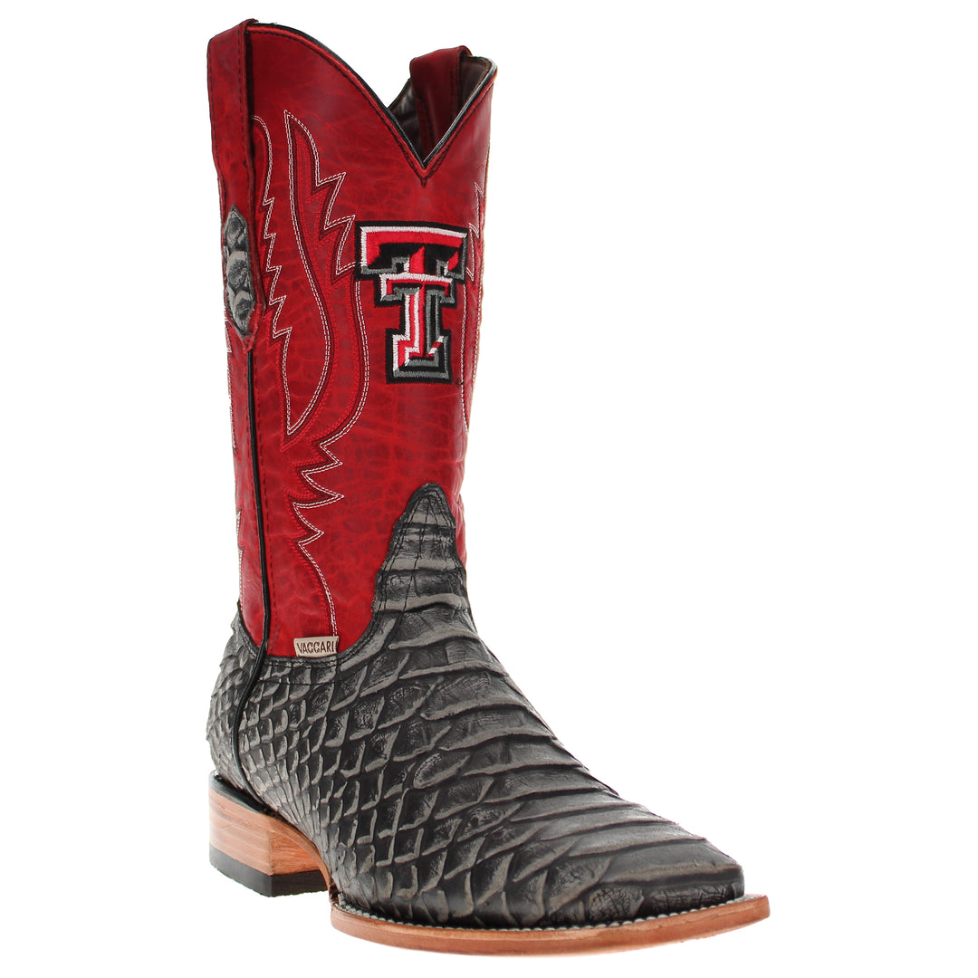Men's Texas Tech Red Raiders Red and Black Python Print Square Toe Cowboy Boots Cooper by Vaccari