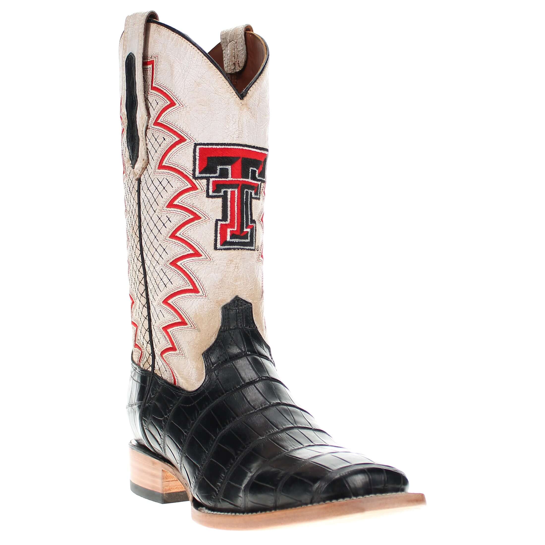 Men's Texas Tech University Red Raiders Cowboy Boots | Black Square Toe American Alligator Boots | Officially Licensed | Parker