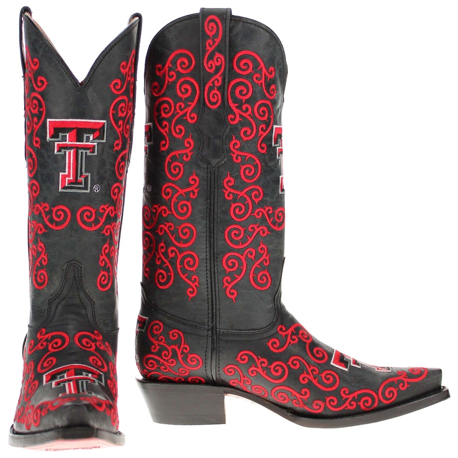 Women's Texas Tech University Red Raiders Cowgirl Boots | Red Scroll Embroidery Black Snip Toe Boots | Officially Licensed | Claire