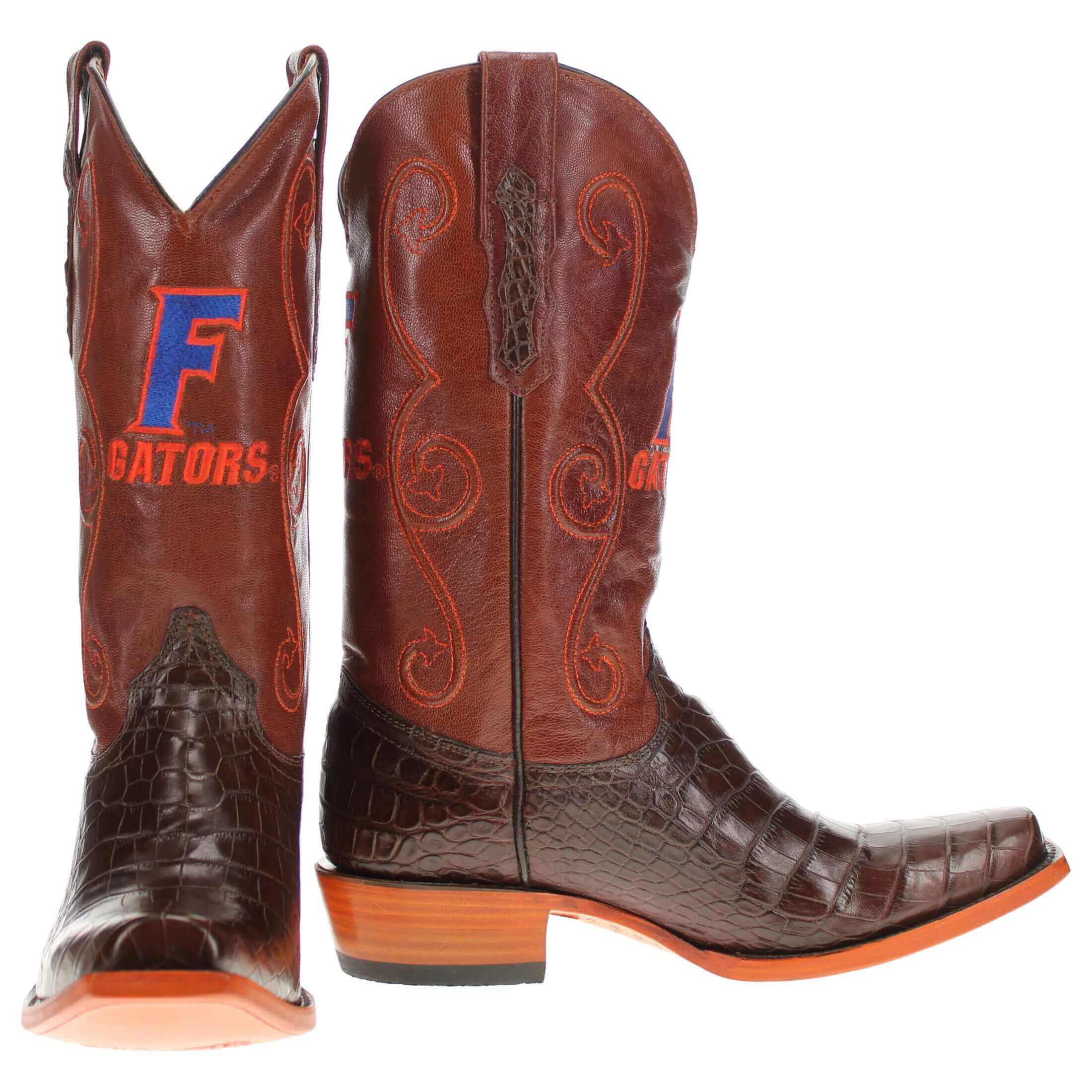 Men's University of Florida Gators Brown JW Toe American Alligator Belly Cowboy Boots James by Vaccari