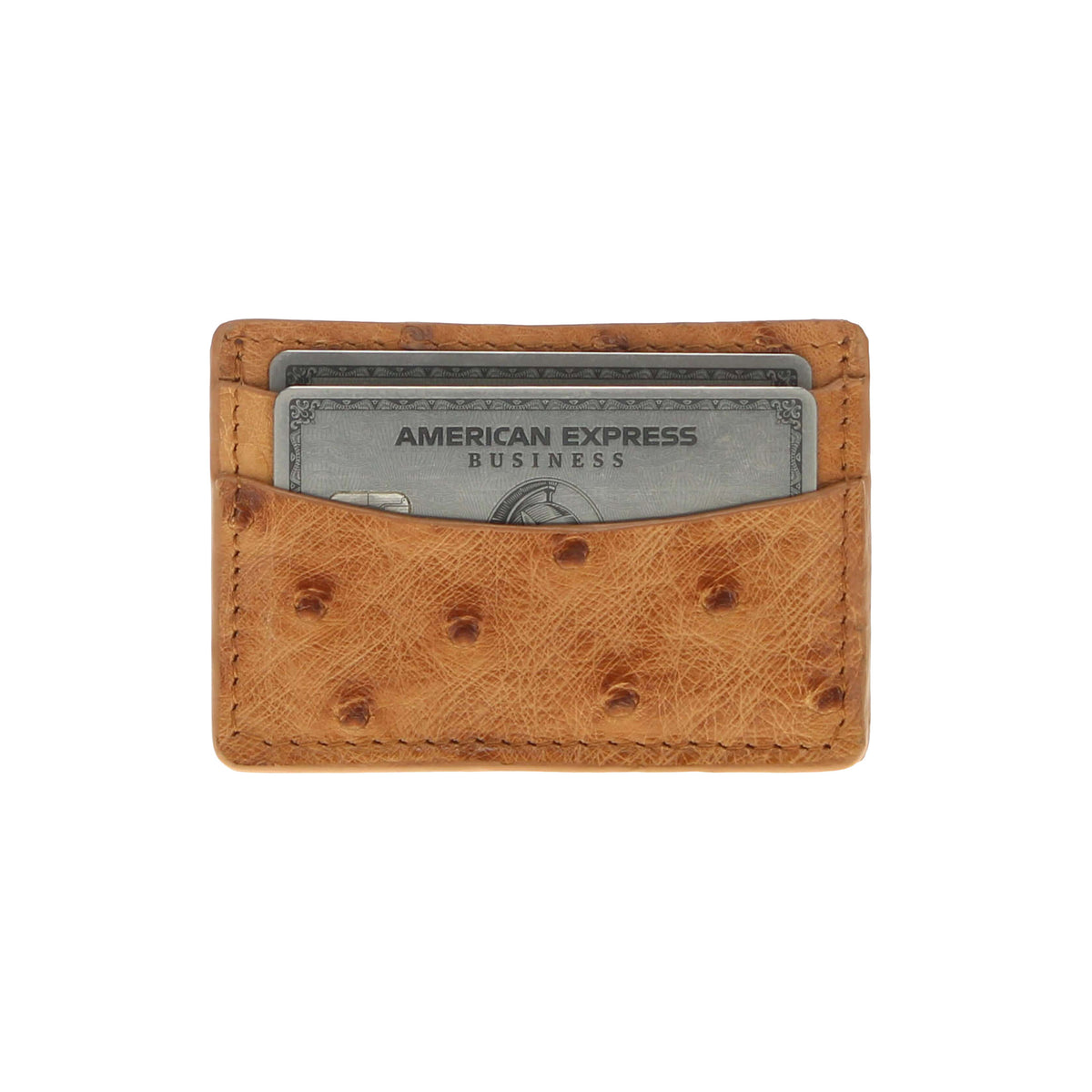 Tan ostrich quill card holder with front card slot and snap closure