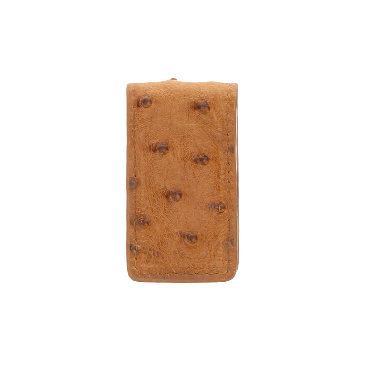 Brown ostrich quill leather money clip with stitched border