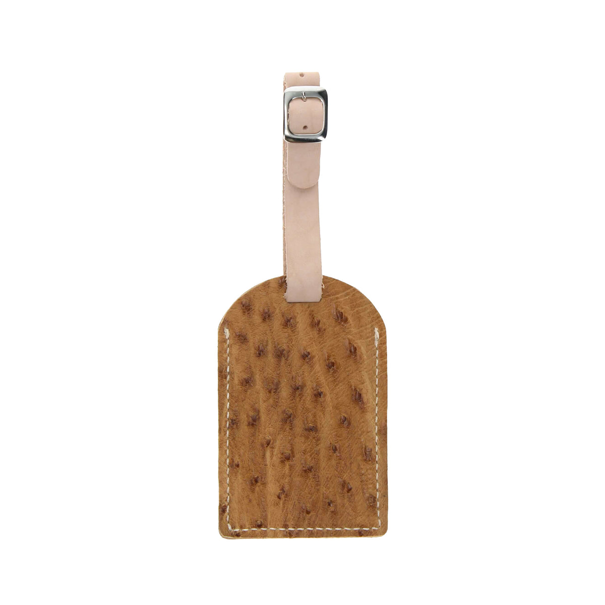 Ostrich-print luggage tag with tan leather strap and square buckle