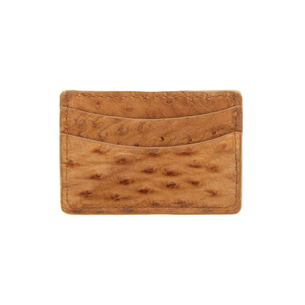 Tan ostrich leather card holder with stitched edge and quill texture front