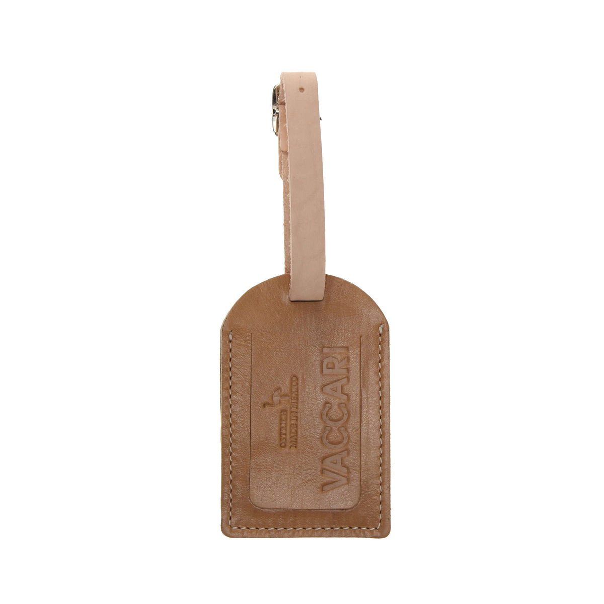 Tan quill ostrich leather luggage tag with stitched edges and metal top loop