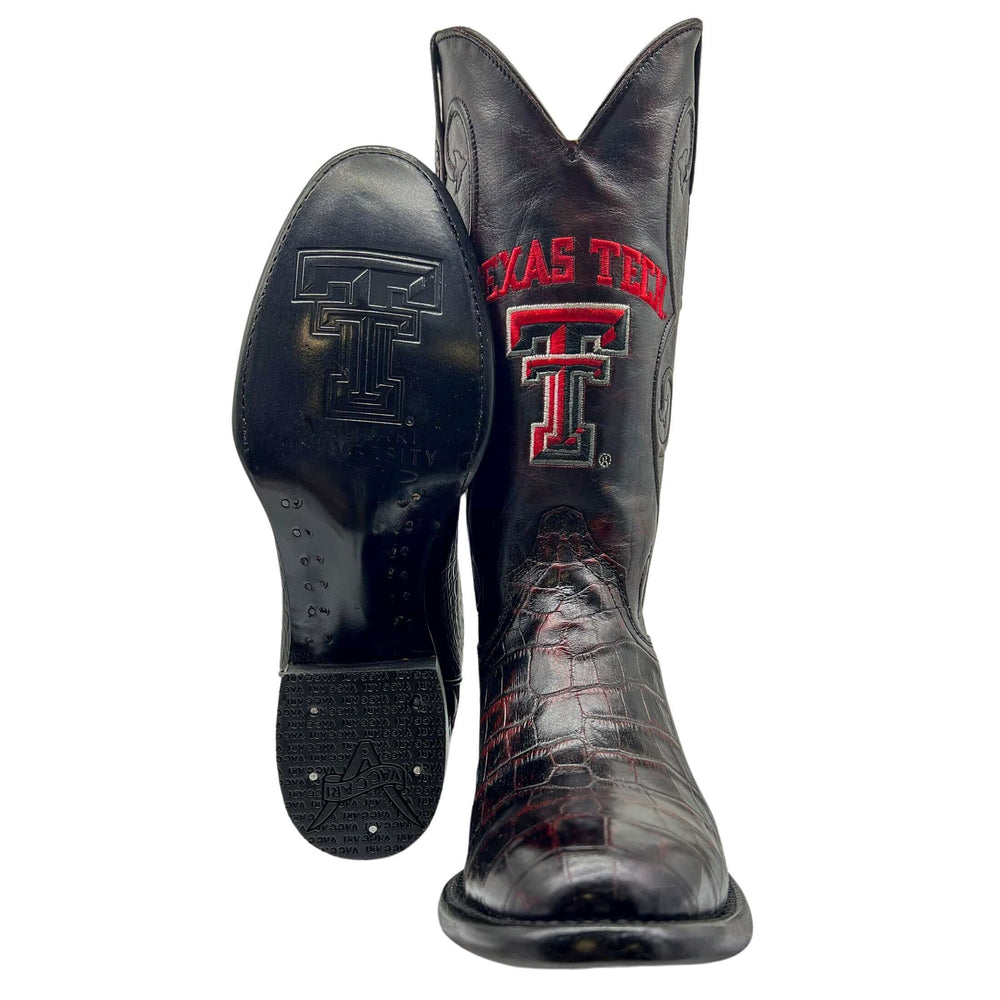 Men's Texas Tech Red Raiders Black Cherry Round Toe American Alligator Belly Cowboy Boots James by Vaccari