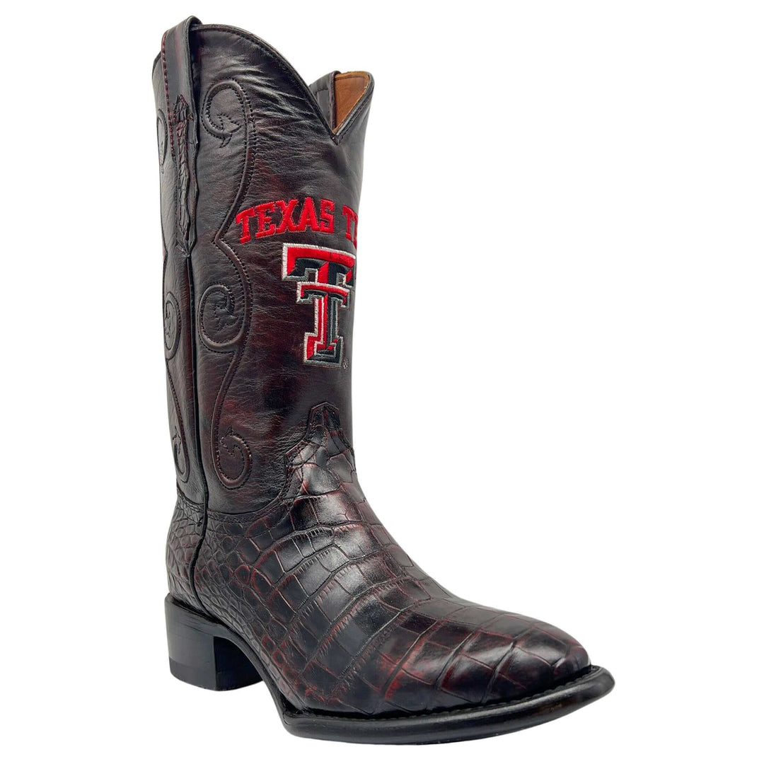 Men's Texas Tech Red Raiders Black Cherry Round Toe American Alligator Belly Cowboy Boots James by Vaccari