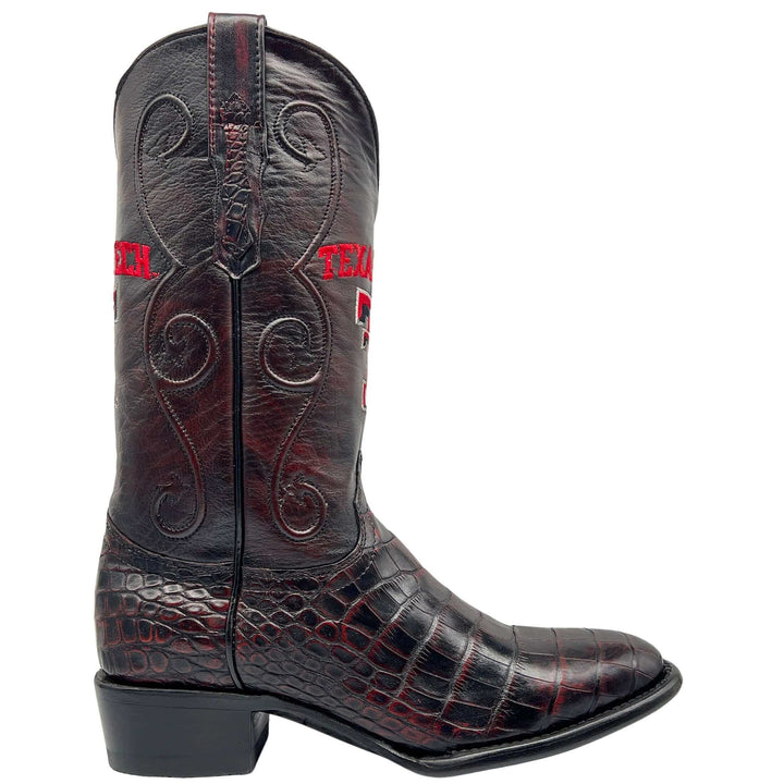 Men's Texas Tech Red Raiders Black Cherry Round Toe American Alligator Belly Cowboy Boots James by Vaccari