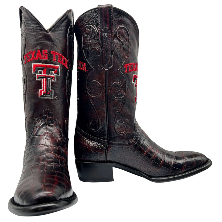 Men's Texas Tech Red Raiders Black Cherry Round Toe American Alligator Belly Cowboy Boots James by Vaccari