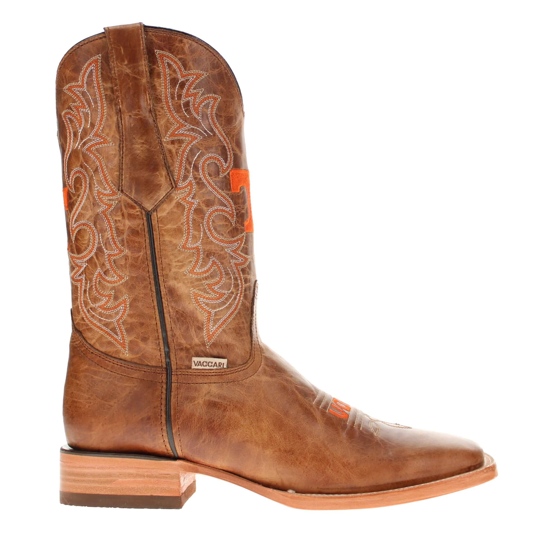 Men's University of Tennessee Vols Tan Leather Square Toe Cowboy Boots by Vaccari