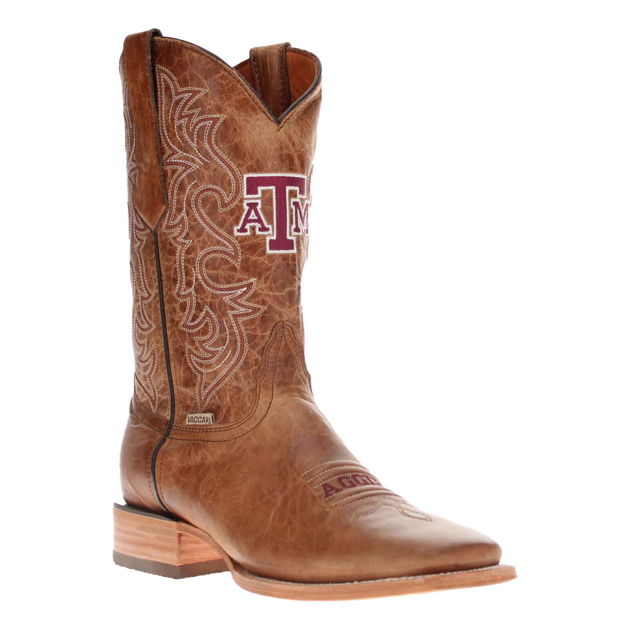 Men's Texas A&M Aggies Tan Leather Square Toe Cowboy Boots by Vaccari