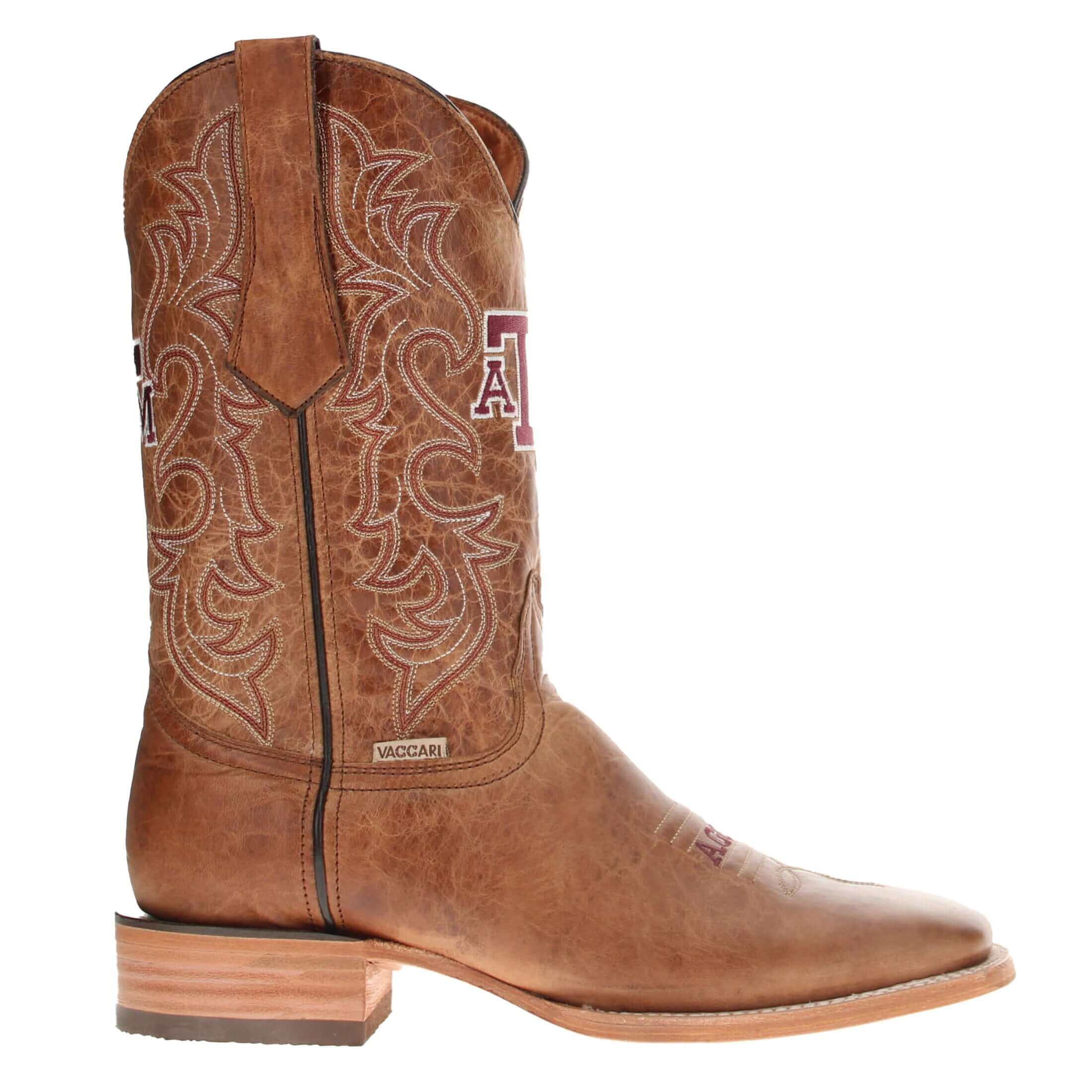 Men's Texas A&M Aggies Tan Leather Square Toe Cowboy Boots by Vaccari