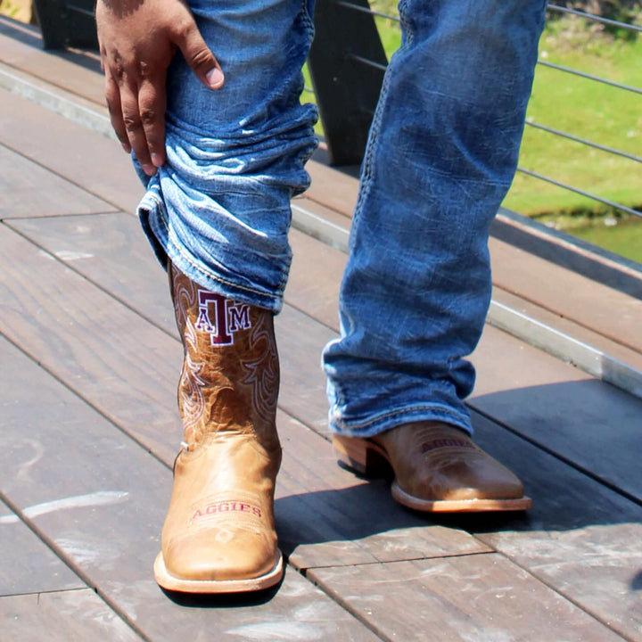 Men's Texas A&M Aggies Tan Leather Square Toe Cowboy Boots by Vaccari