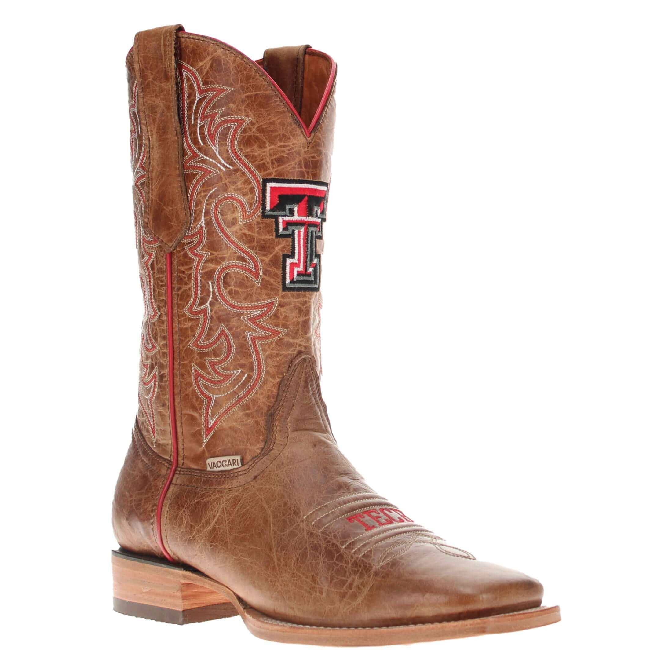 Men's Texas Tech Red Raiders Tan Leather Square Toe Cowboy Boots by Vaccari