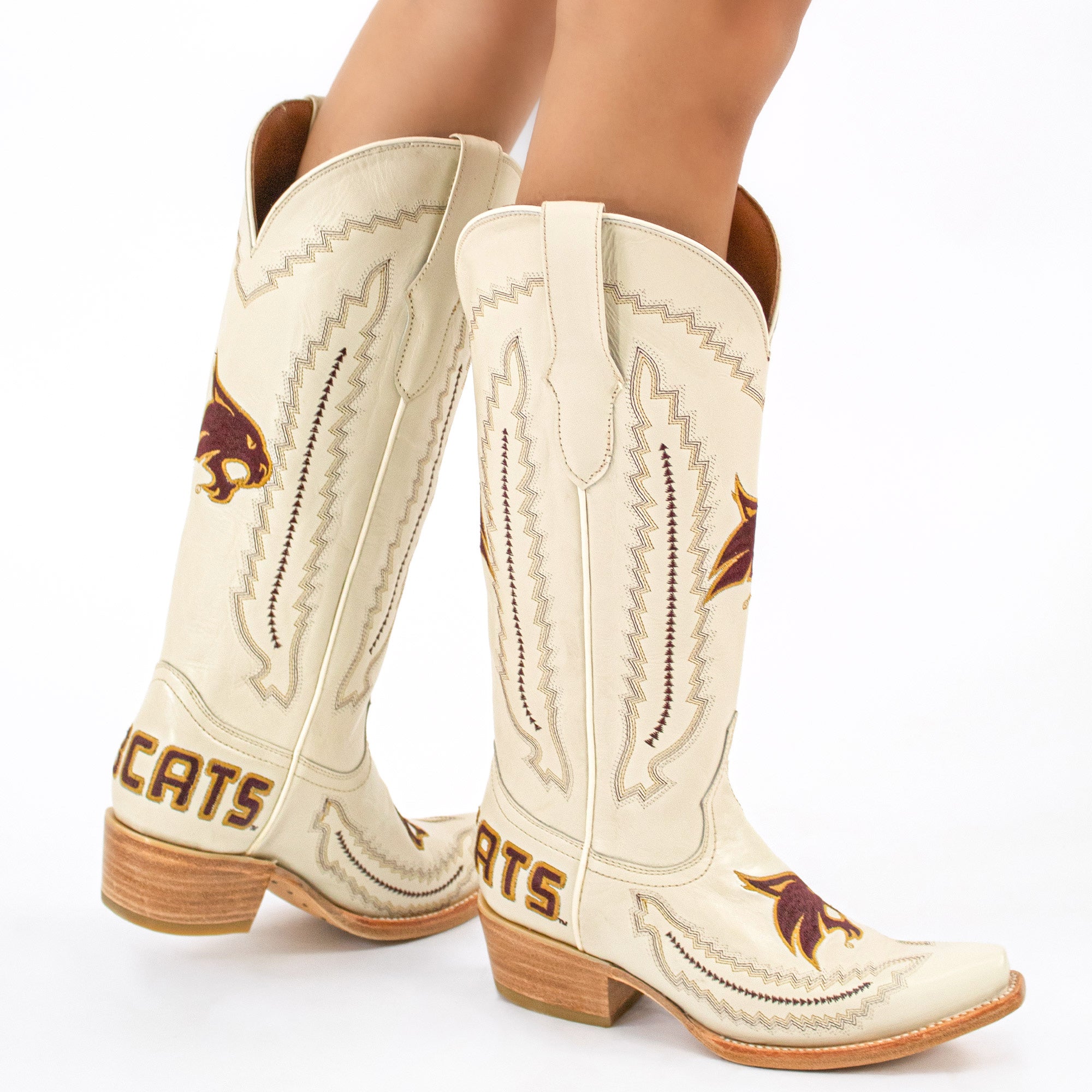 Women's Texas State University Bobcats Bone Leather Snip Toe Cowgirl Boots by Vaccari