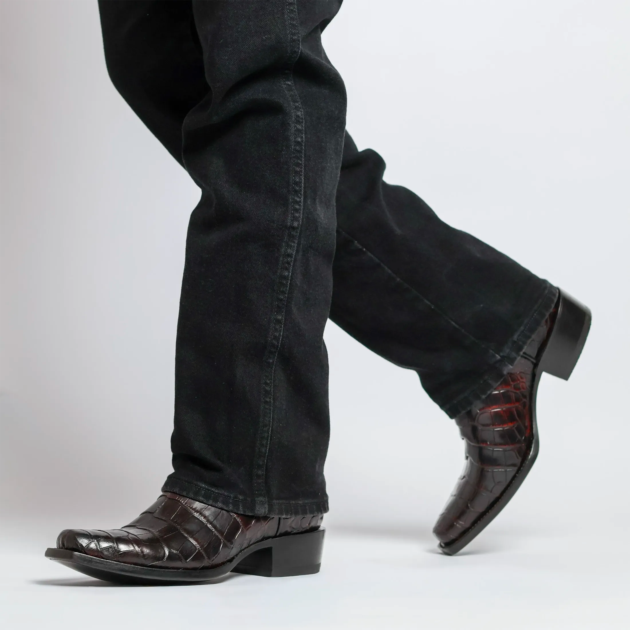 Black Cherry American alligator belly cowboy boots with a caiman texture
