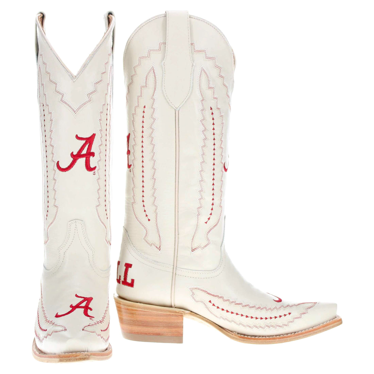 White cowboy boot with red “A” logo, pointed toe, and stacked wood heel