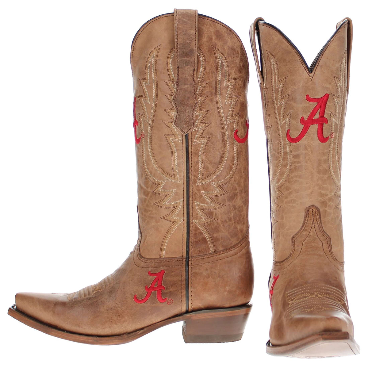 Pair of tan cowboy boots with red 'A' embroidery, pointed toes, and western stitched details.